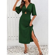 Efnaz Style Kadın Kısa Kollu Önden Sarmal Detaylı Yandan Yırtmaçlı Midi Sandy Elbise