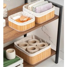 Grand Concept Store 3'lü Bambu Sepet Astarlı Saklama Kutusu Banyo Kozmetik Mutfak Dolap Organizeri Kare