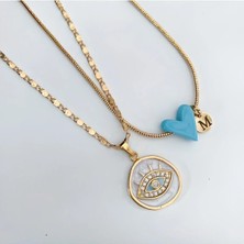 Cherry Design Ranın Gözü Mavi Murano Kalp Kolye Seti