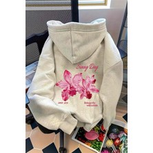 Oksit Sunny Day Botanical Sırt Baskılı Oversize Kapüşonlu Sweatshirt | Çiçek Desenli Şardonlu Kumaş Hoodie