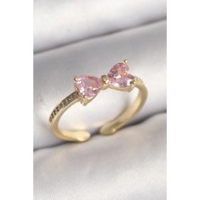 Hace Bazaar Pirinç Gold Renk Pembe Zirkon Taşlı Kalp Fiyonk Model Kadın Yüzük 5886 - HCB1238127-5453