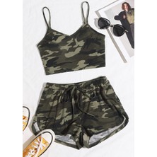Hace Bazaar Kadın Kamuflaj Desenli Askılı Crop Top ve Şortlu Gecelik Takım H110440 - HCB1231061-1850