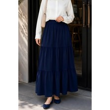 İmaj Butik Lacivert Bel Lastikli Katlı Tencel Etek