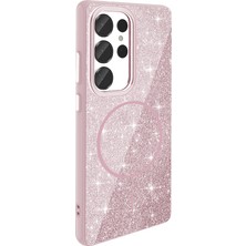 Teknook Galaxy S25 Ultra Kılıf M-Safe Şarj Özellikli Parlayan Simli Zore Okso Kılıf - Pembe