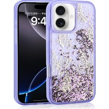 Teknook iPhone 16 Kılıf Sıvılı Simli Kelebek Baskılı Şeffaf Arka Yüzey Zore Glis Silikon Kılıf - Mor