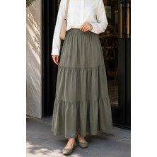 İmaj Butik Haki Bel Lastikli Katlı Tencel Etek