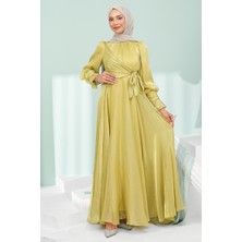 İmaj Butik Yağ Yeşili Yan Bağlamalı Kol Detaylı Janjan Abiye