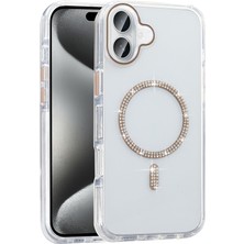 Teknook iPhone 16 Plus Kılıf Taşlı Tasarım M-Safe Şarj Özellikli Zore Koment Silikon Kılıf - Gold