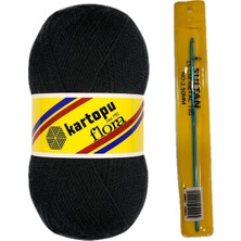 Hobi Dünyası Evim 1 Adet Kartopu Flora Ip + 2.50 mm Metal Tığ Seti 100 Gram 240 Metre Patik Atkı Bere Ceket Hırka Ipi - Siyah