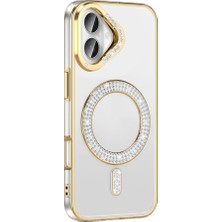 Teknook iPhone 16 Plus Kılıf Pırlanta Taş Tasarımlı M-Safe Şarj Özellikli Zore Karetta Silikon Kılıf - Gold