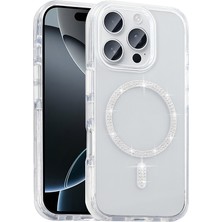 Teknook iPhone 15 Pro Kılıf Taşlı Tasarım M-Safe Şarj Özellikli Zore Koment Silikon Kılıf - Gümüş