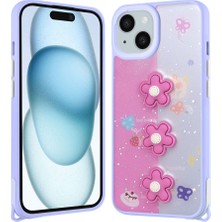 Teknook iPhone 15 Plus Kılıf Parlayan Simli Kabartma Figürlü Zore Cevze Kılıf - Mor Papatya