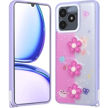 Teknook Realme C53 Kılıf Parlayan Simli Kabartma Figürlü Zore Cevze Kılıf - Mor Papatya