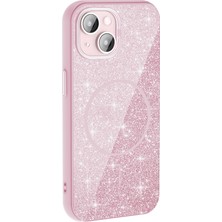 Teknook iPhone 15 Plus Kılıf M-Safe Şarj Özellikli Parlayan Simli Zore Okso Kılıf - Pembe