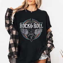 L'eivor Rock & Roll Özel Tasarım Baskılı Kadın Siyah Pamuk T-Shirt