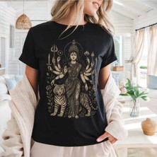 L'eivor Hindu Tanrısı Durga Baskılı Kadın Siyah Pamuk T-Shirt