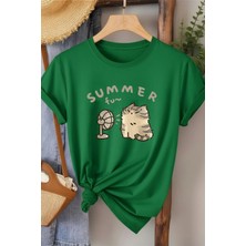 L'eivor Summer Fan Kedi Baskılı Kadın Pamuk T-Shirt