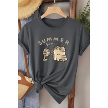 L'eivor Summer Fan Kedi Baskılı Kadın Pamuk T-Shirt