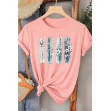 L'eivor Dörtlü Minimal Çiçek Tasarım Baskılı Kadın Pamuk T-Shirt