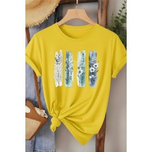 L'eivor Dörtlü Minimal Çiçek Tasarım Baskılı Kadın Pamuk T-Shirt