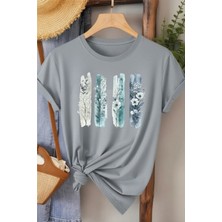 L'eivor Dörtlü Minimal Çiçek Tasarım Baskılı Kadın Pamuk T-Shirt