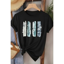 L'eivor Dörtlü Minimal Çiçek Tasarım Baskılı Kadın Pamuk T-Shirt