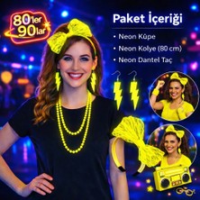 Aesco 80’ler 90’lar Neon Sarı Parti Seti – Kolye Küpe Taç