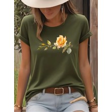 L'eivor Tekli Gül Dikenli Dal Tasarım Baskılı Kadın Pamuk T-Shirt