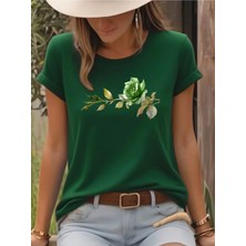 L'eivor Tekli Gül Dikenli Dal Tasarım Baskılı Kadın Pamuk T-Shirt