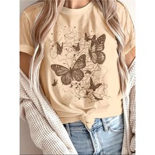 L'eivor Renk Uyumlu Kelebek Baskılı Kadın Bej Pamuk T-Shirt