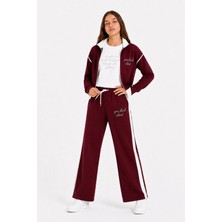 Cansın Mini Bordo Kız Çocuk Taşlı Dik Yaka Hırkalı Geniş Paça 3lü Alt Üst Takım 24744