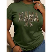 L'eivor Mama Askeri Kamuflaj Tasarım Baskılı Kadın Haki Yeşili Pamuk T-Shirt
