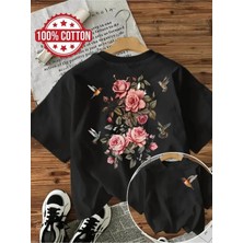 L'eivor Çiçek ve Kuş Sırt Baskılı Kadın Pamuk T-Shirt