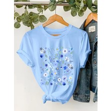 L'eivor Çoklu Çiçek Ana Renk Uyumlu Baskılı Kadın Pamuk T-Shirt