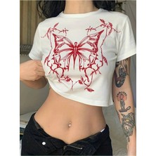 L'eivor Kelebek Özel Detay Baskılı Crop T-Shirt
