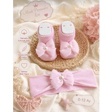 Baby Socks Fiyonklu Inci Detaylı Ekru Bebek Çorabı ve Bandana Takımı
