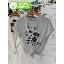 L'eivor Gri Çiçek Tasarım Baskılı Kadın Pamuk T-Shirt
