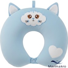 Mavi Makro Kedi Figürlü ve Nakışlı Seyahat Boyun Yastığı