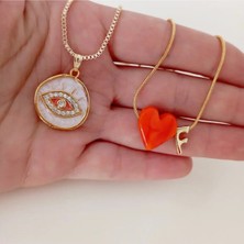 Nergis Collection Murano Turuncu Kalp / Sedefli Zirkon Taşlı Göz Kolye