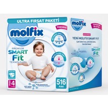 Molfix Premium Smart Fit Bebek Bezi 4 Beden 7-14 kg Maxi 516 Adet Ekstra Ultra Fırsat Pk