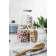 Bezos 3 Lü Set Bambu Kapaklı Cam Kavanoz & Erzak Saklama Kabı 800 ml Orta Boy ( Vakum Kapak )