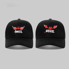 L'eivor Angel & Devil Baskılı Siyah Ikili Çift Kombini Çıt Çıtlı Şapka