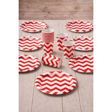Parti Pera 8'li Set Kırmızı Beyaz Karton Tabak Bardak Zigzag Çizgili Desenli