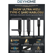 1001 240W Ultra Hızlı Type-C Şarj Kablosu – 1.5m Örgülü, Katlanabilir Standlı Ergonomik Tasarım