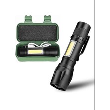 1001 Taktikal LED Mini Boy El Feneri, Polis Bekçi Feneri, USB Şarjlı, Zoomlu Plastik Kutulu El Feneri