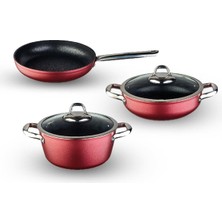 1001 Master Daily Titanium 5 Parça Set Çelik Sap Metalik Kırmızı (22CM Derin Tencere + 26CM Sığ Te