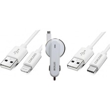 1001 3.1A 15WATT Araç Şarj Aleti Micro USB Kırılmaz Kablo + Lightning ile Uyumlu Kablo Hediyeli + Typ
