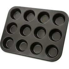 1001 12 Bölmeli Yapışmaz Karbon Çelik Muffin ve Cupcake Kek Kalıbı - Siyah Standart Boy Fırın Tep