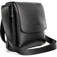 1001 Siyah Hakiki Deri Erkek Omuz Askı Çantası, Unisex Günlük Kullanım, 18X16X10 cm