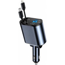 1001 66W Dahili Çekilebilir Kablolu Type-C + Lightning Hızlı Araç Çakmaklık Şarj Aleti